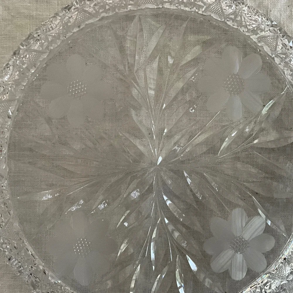 Vintage ABP American Brilliant Cut Glass Plate‎ Intaglio Hobstar Maganese Glow